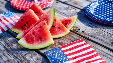 Slices of fresh watermelon with American flag on wooden background