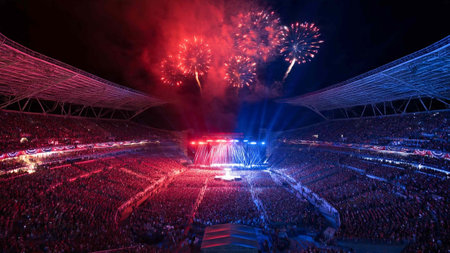 Stadium lights and firework at night, celebration and entertainment concept