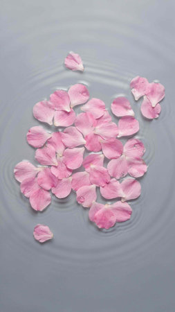 pink rose petals floating on water surface, closeup of photo