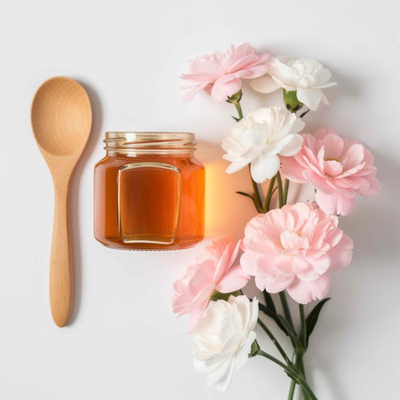 Flat lay composition with jar of honey and flowers on white background
