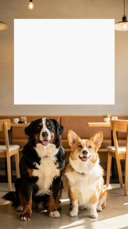 Two dogs sitting in a cafe and looking at the camera. Blank white banner.