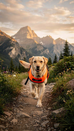 Labrador Retriever with life jacket on a trail in the mountains