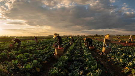 Farmers working in the field of red and yellow chard.