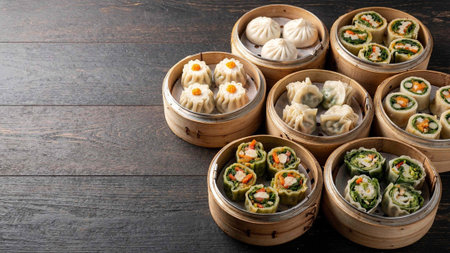 Chinese steamed dumplings in bamboo steamer on wooden background