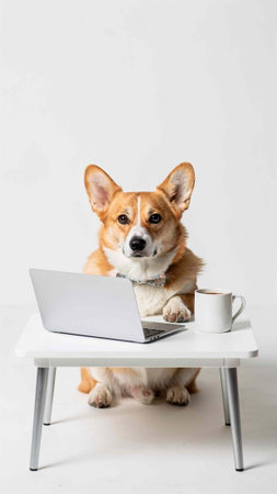 Cute welsh corgi dog with laptop and coffee on white background