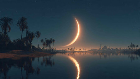 moon and mosque with reflection in the water, 3d render illustration