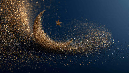 Gold glittering crescent moon with star on dark blue background. Ramadan Kareem celebration concept.