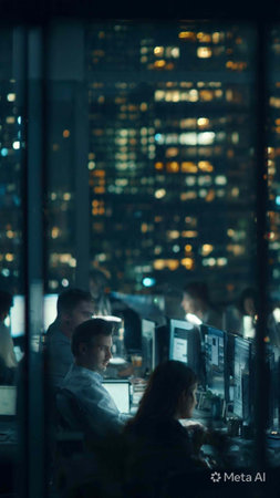 Business people working in a night office with city lights in the background