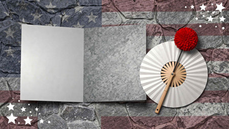 American flag, fan and postcard on stone background. 3D rendering