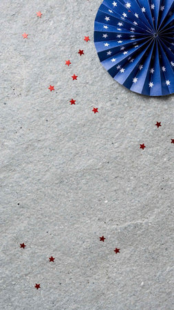 American flag on old paper with stars and confetti. Independence day background