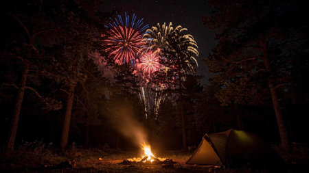 Fireworks in the forest at night with tourist tent and bonfire