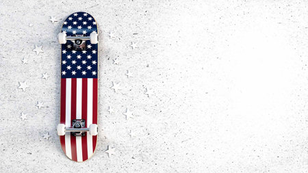 Skateboard with USA flag on concrete wall. Space for text