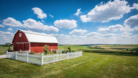 Red barn in rural landscape with white picket fence and blue sky