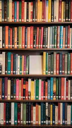 Bookshelf with books in a public library, England, UK