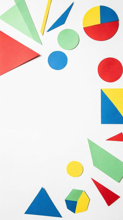 Colorful paper geometric shapes on white background. Flat lay, top view.
