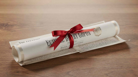A diploma scroll with a red ribbon on a wooden background, close up