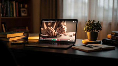 Businessman working on laptop at home office. Video call conference.