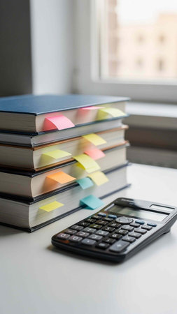 Calculator on stack of books with sticky notes on window background