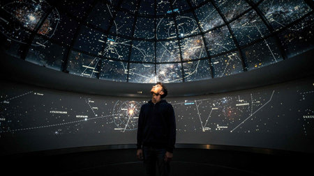 Man looking at space with planets and stars in the background. Mixed media