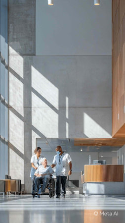 Side view of a man in a wheelchair being assisted by two people in a hospital lobby