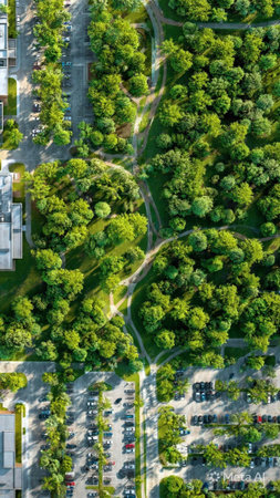 Aerial view of the city park with green trees. Drone photography.