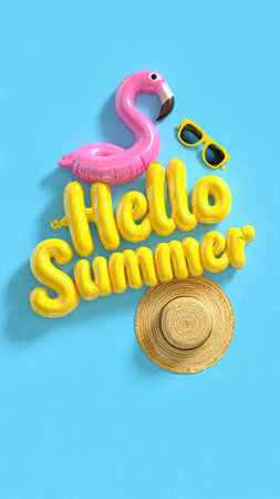 Hello Summer text with flamingo, hat and sunglasses on blue background