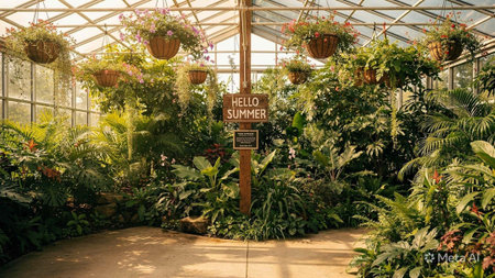 Hanging sign in a greenhouse with flowers and plants in pots.