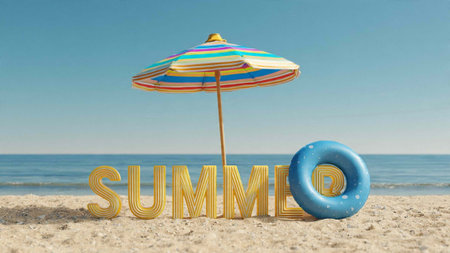Summer word with beach umbrella on the beach. 3D illustration.