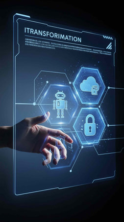 Businessman on blurred background using digital data security interface 3D rendering