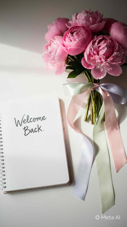 pink peony bouquet and notebook with text welcome back on white background