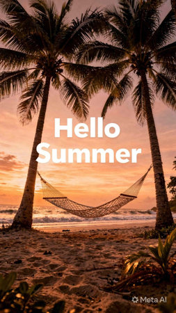 Hello Summer Text With Hammock on the Beach and Palm Trees.