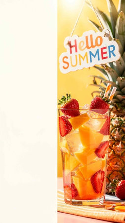 Refreshing summer cocktail with ice cubes, strawberries and pineapple.