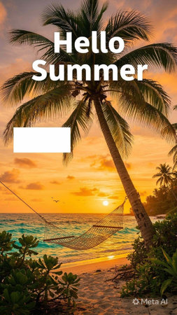 Hello Summer. Text on the background of a beautiful sunset over the sea.