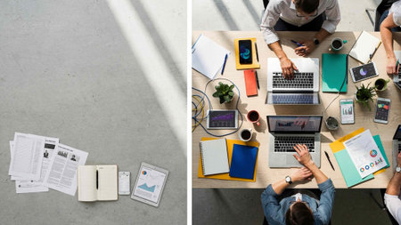 Top view of business people working on laptop and tablet computer in office
