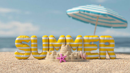 summer lettering in the sand with starfish and beach umbrella