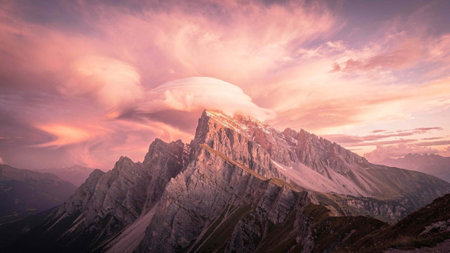Panoramic view of Dolomites at sunset, Italy.