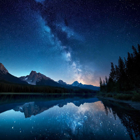 Milky way over mountain lake in Banff National Park, Canada
