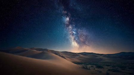 Milky way over sand dunes in desert.