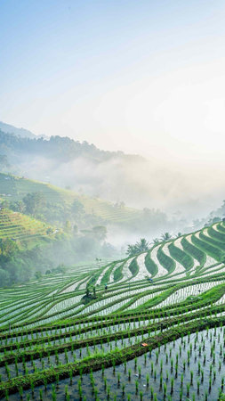 Beautiful landscape of terraced rice fields under clear sky during the day.