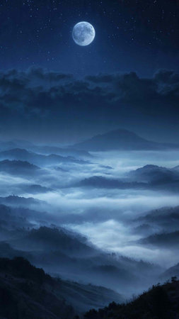 Foggy mountain landscape at night with moonlight and stars.
