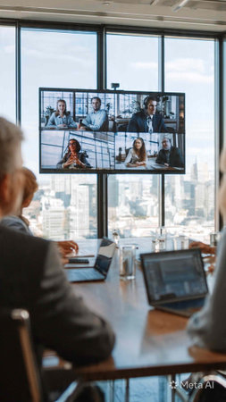 Mature business people having a video call in a modern office.