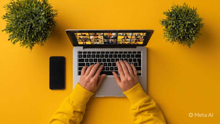 Top view of female hands typing on laptop keyboard, smartphone and plant on yellow background