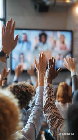 Group of diverse people clapping their hands during a video conference.