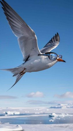 seagull with glasses in flight on the background of the blue sky