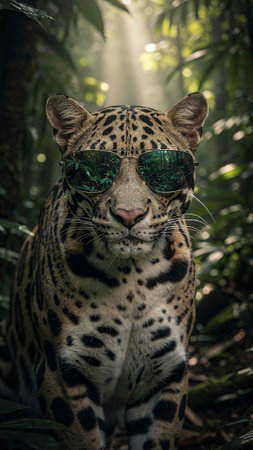 Portrait of a leopard with green sunglasses in the jungle.