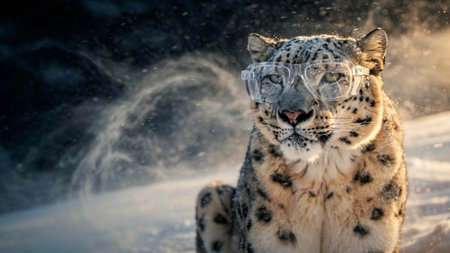 Snow leopard in the snow. Snow leopard in protective glasses.