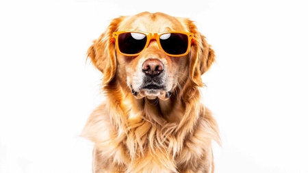 Golden Retriever dog wearing sunglasses isolated on a white background.