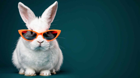 Cute white rabbit wearing orange sunglasses on blue background with copy space