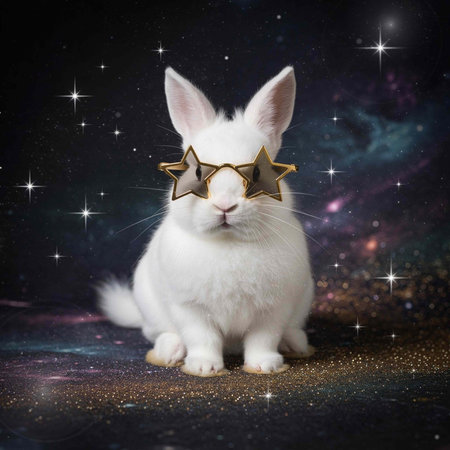 Cute white rabbit in golden glasses on dark background with stars.