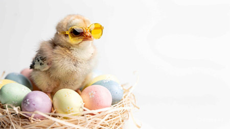 Cute little chicken and easter eggs on a white background.